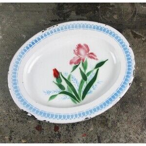 Enamelware platter with bearded iris design, Bumper Harvest 305P-(14) 40CM
